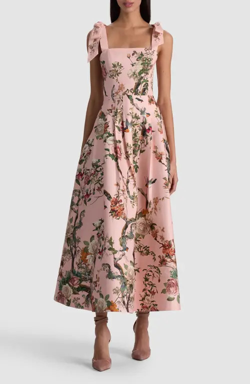 Alice + Olivia Hana Mixed Print Tie Strap Cotton Blend Dress in Sunset Grove English Rose at Nord... | Nordstrom