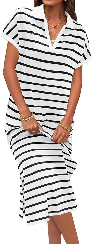 MEROKEETY Women's Summer Striped Short Sleeve Dress V Neck Collared Side Slit Casual Beach Maxi D... | Amazon (US)