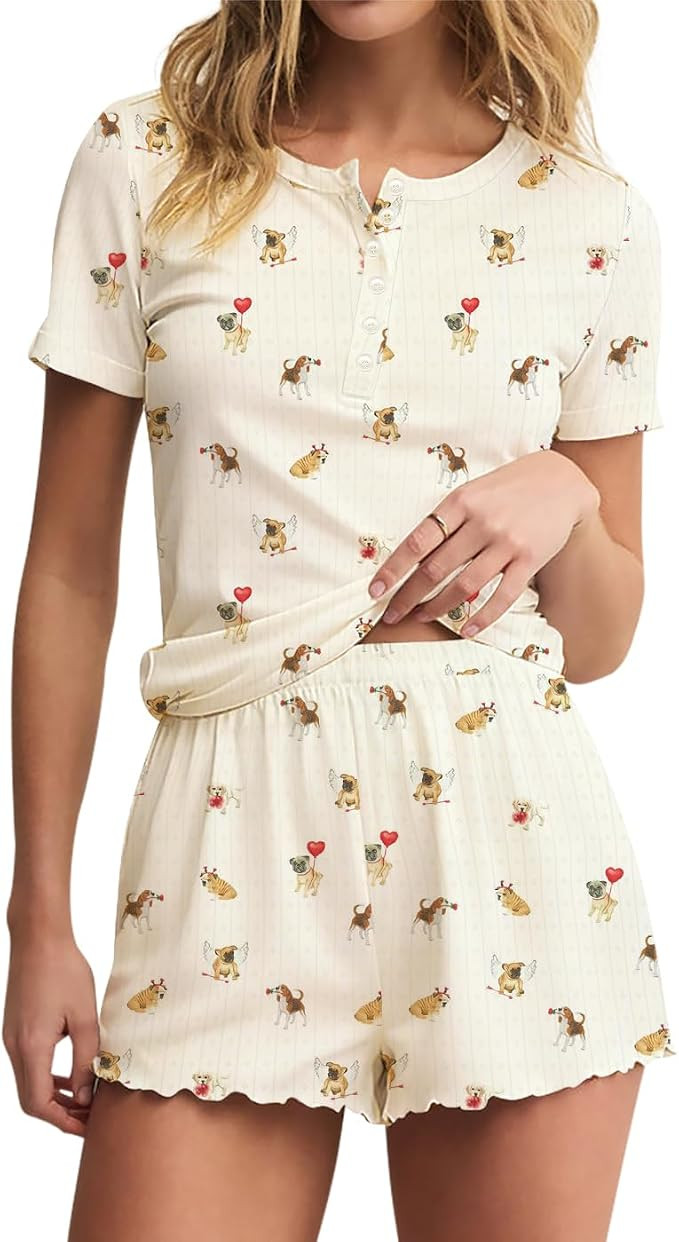 Lacozy Cute Pajama Sets for Women 2 Piece Short Sleeve Floral Print Button Shirt and Short Pj Set... | Amazon (US)