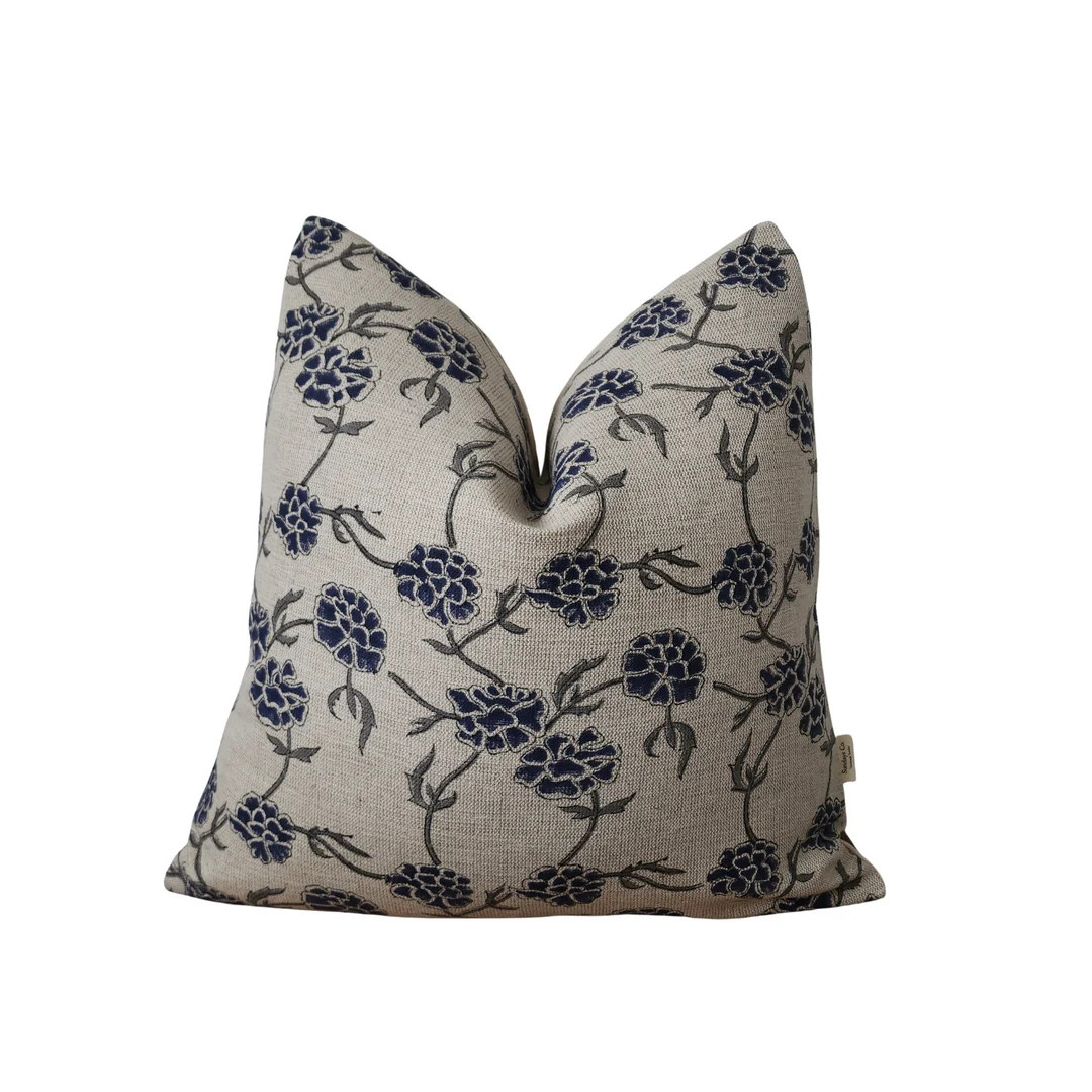 Navy Blue and Gray Floral Block Print Throw Pillow. Bold Neutral Heavy Weight Linen Block Print. ... | Etsy (US)