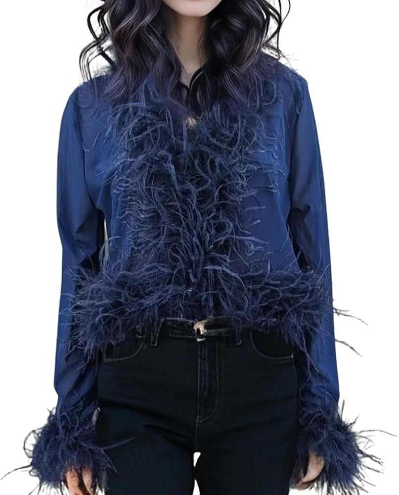LVCOMEFF Real Ostrich Feather Trim Mesh Crop Top See-Through Black Sheer Shirt Jacket Clubwear Y2... | Amazon (US)