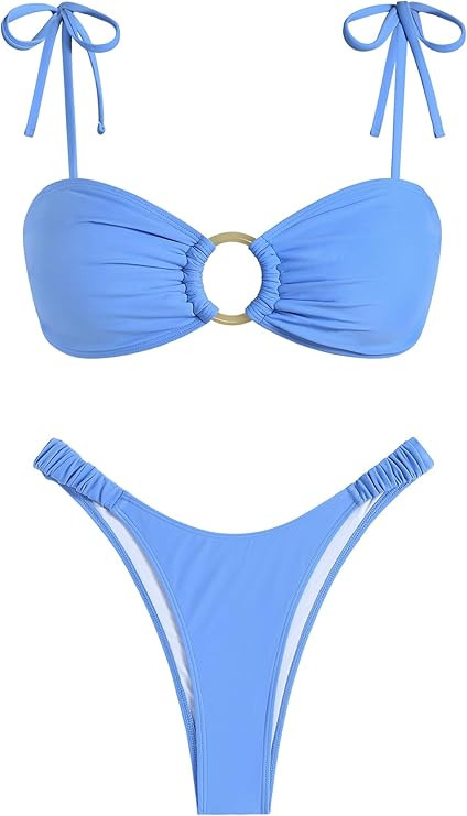ZAFUL Women's Sexy Tie Spaghetti Strap Bikini Textured O Ring Ruched High Leg Swimsuit Cheeky Bat... | Amazon (US)