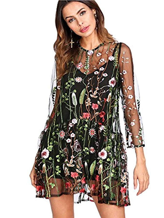 Verdusa Women's Floral Embroidered 3/4 Flounce Sleeve Dress | Amazon (US)