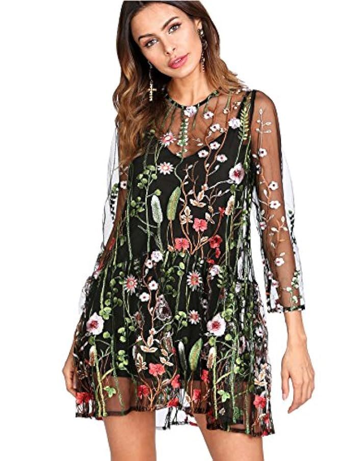 Verdusa Women's Floral Embroidered 3/4 Flounce Sleeve Dress | Amazon (US)
