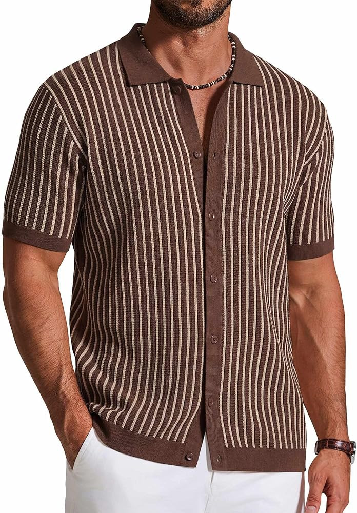 COOFANDY Mens Knit Button Down Shirts Short Sleeve Polo Shirt Vintage Striped Casual Shirts | Amazon (US)