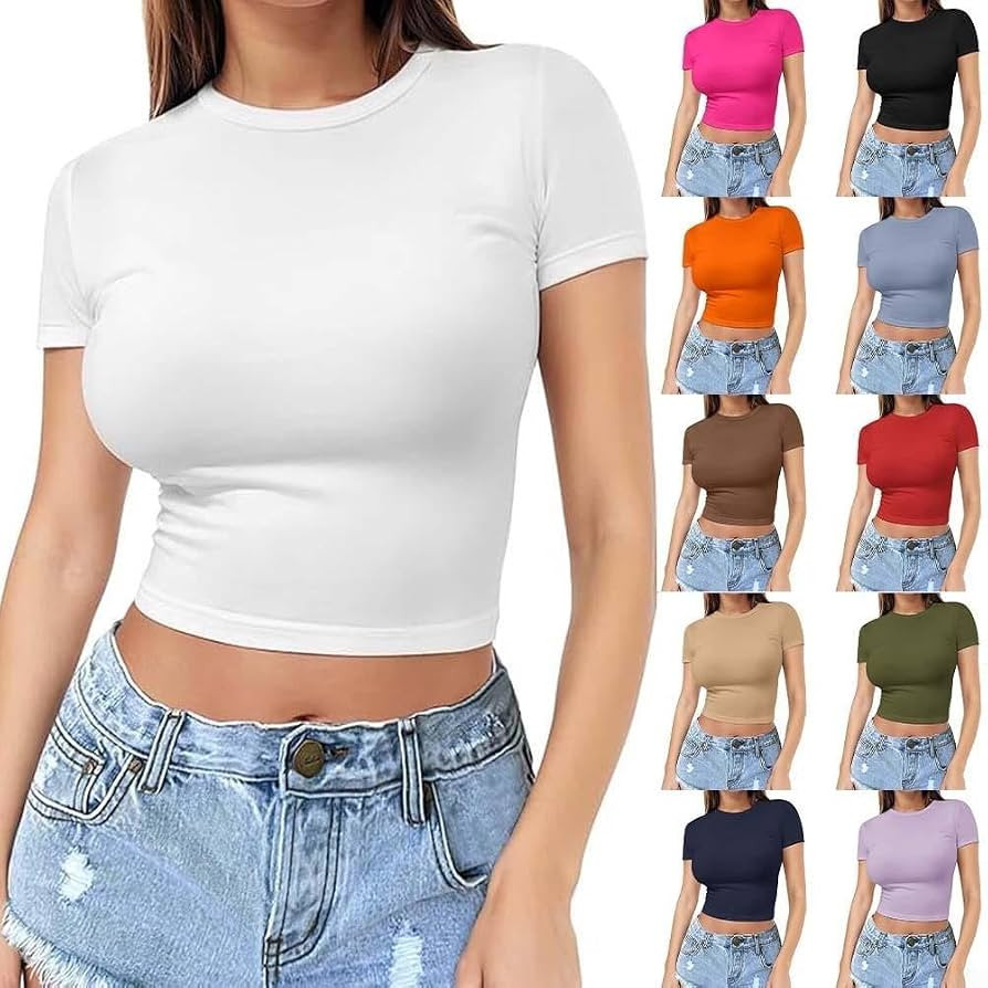 Women's Solid Color Fashionable Casual Crop Round Neck Short Sleeved Top(M Black) | Amazon (UK)