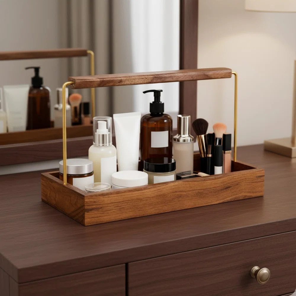 Solid Wood Makeup Storage Organizer Vanity Tray With Rotatable Handle For Organization And Decor | Wayfair North America