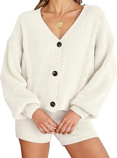 Frolitre Women's 2 Piece Button Down Cardigan Sweaters Set Cable Knit Outfits Puff Sleeve Open Fr... | Amazon (US)
