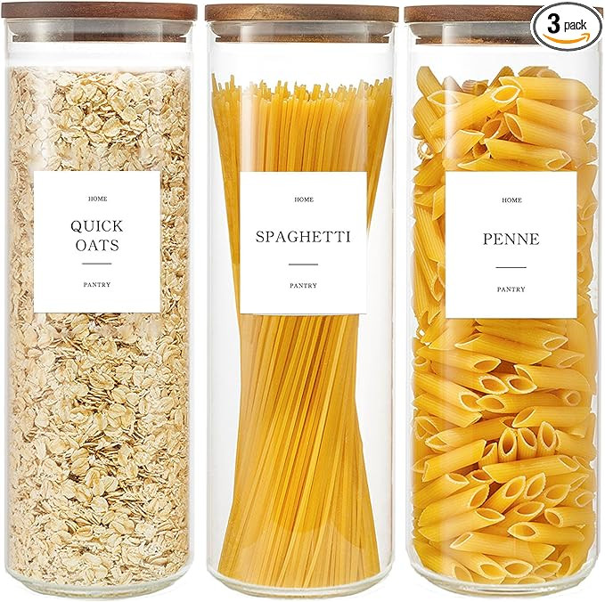 Set of 3 Glass Pantry Jars with Acacia Wood Lids, 65oz Airtight Pasta Organizers with 105 Labels,... | Amazon (US)