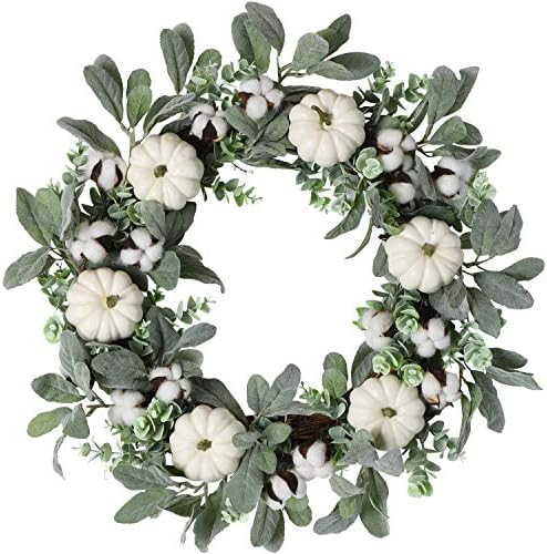 WANNA-CUL 24 inch Farmhouse Fall Wreath Decoration for Front Door with White Pumpkin, Lamb's Ear ... | Amazon (US)