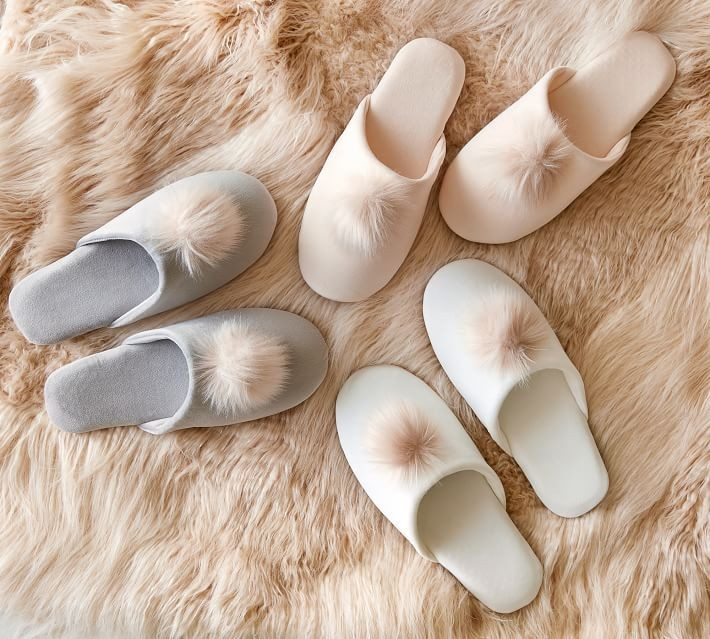 Velvet Pom Pom Slippers | Pottery Barn (US)