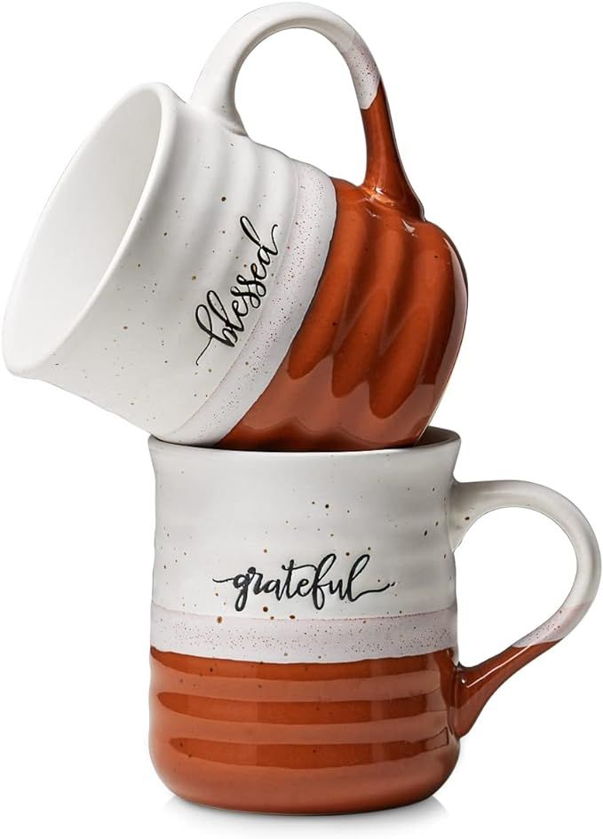 DOWAN 20 oz Large Coffee Mugs, Ceramic Mug Set with Word Blessed Grateful, Big Tea Cup for Office... | Amazon (US)