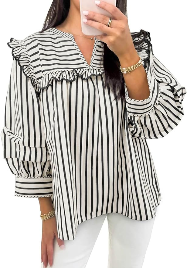 Cicy Bell Womens Striped Babydoll Tops Ruffle V Neck Puff Sleeve Blouses Loose Fit Cute Flowy Shi... | Amazon (US)