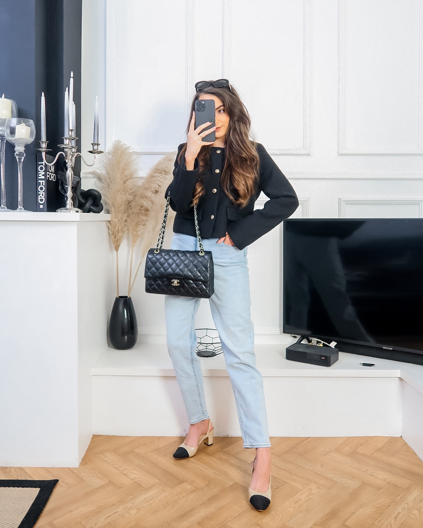 Spring outfit, spring fashion, light denim, slim mom high ankle jeans, H&M jeans, two tone sling backs, sling back heels, black cropped jacket, gold button jacket, old money style jacket, spring styling 

#LTKshoecrush #LTKSpringSale #LTKeurope