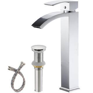 Single Handle Waterfall Vessel Sink Faucet with Drain Kit Included in Polshed Chrome | The Home Depot