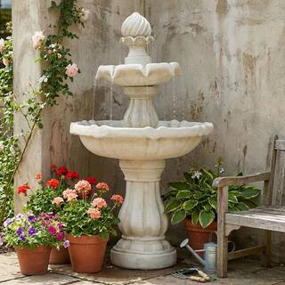 2-Tier White Polyresin Cascade Outdoor Water Fountain, Classic Pedestal Water Feature for Patio G... | The Home Depot