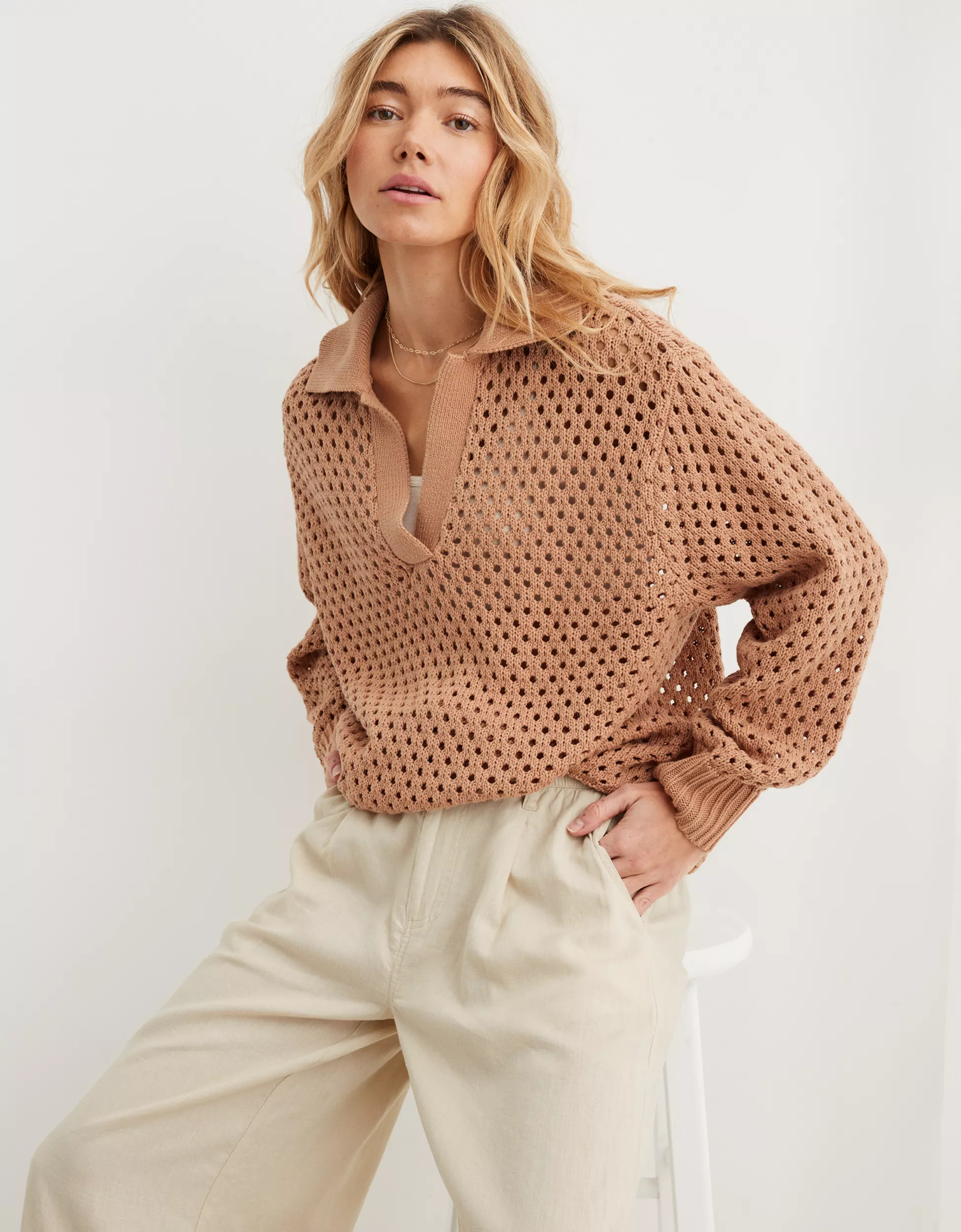 Aerie Open Knit Polo Sweater | Aerie