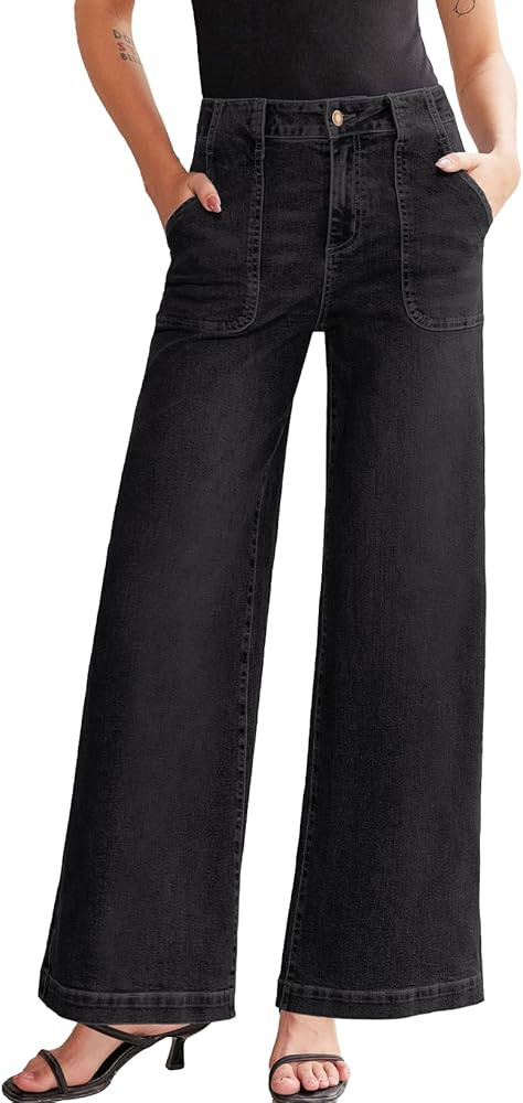 Sidefeel Womens Wide Leg Jeans High Waisted Stretchy Straight Leg Baggy Denim Pants with Pockets | Amazon (US)