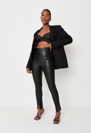 Missguided - Black Faux Leather Split Hem Leggings | Missguided (US & CA)