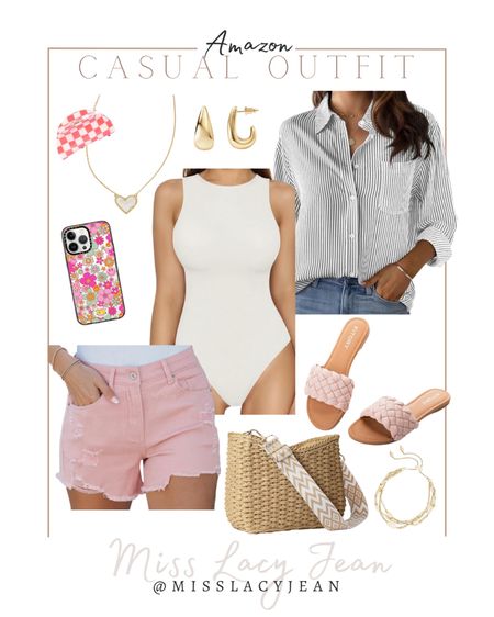 Amazon spring outfit finds include button up shirt, bodysuit, pink shorts, straw bag, slide sandals, gold bracelet, cell phone case, hair clip, and gold earrings.

Outfit, looks for less, spring outfit finds, casual outfit

#LTKstyletip #LTKshoecrush #LTKfindsunder50