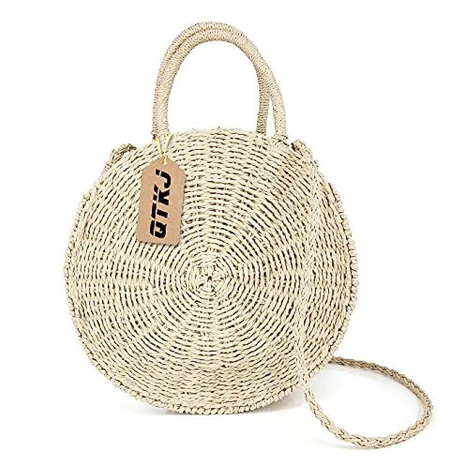 Women Straw Summer Beach Bag Handwoven Round Rattan Bag Cross Body Bag Shoulder Messenger Satchel | Amazon (US)