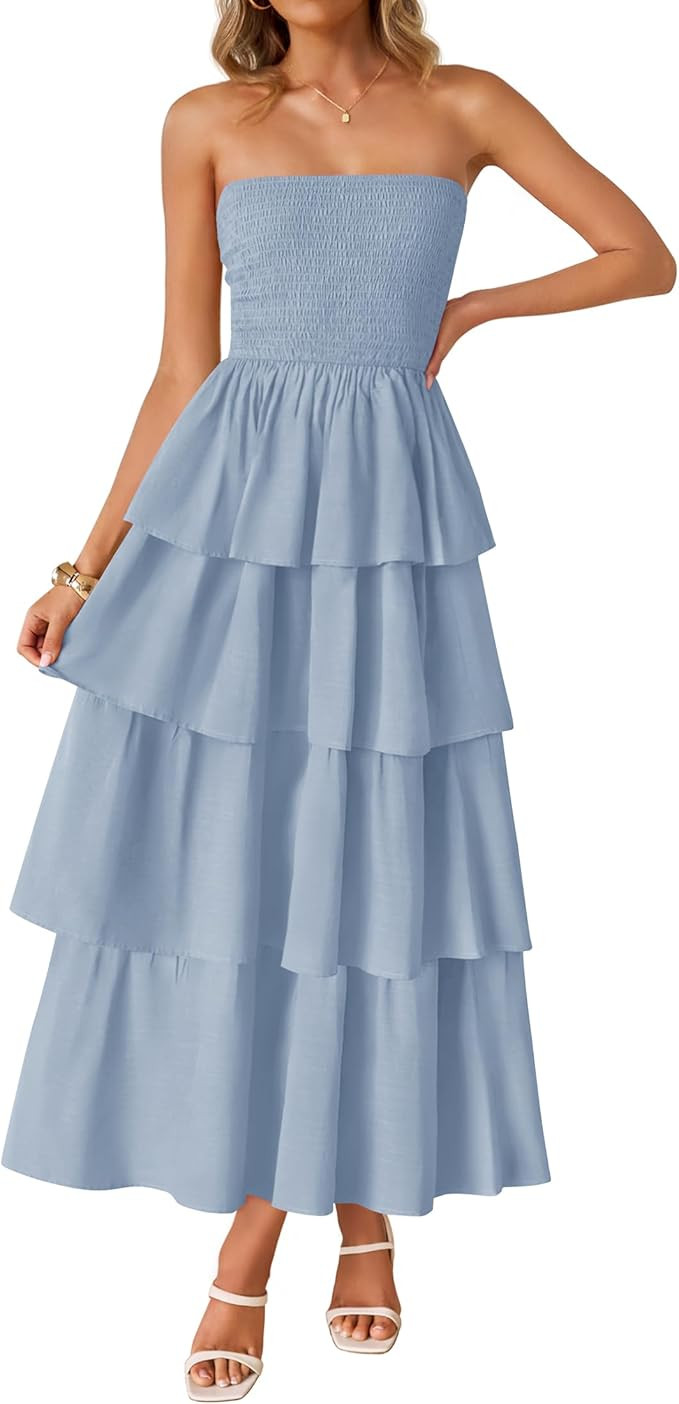 ZESICA Women‘s Summer Boho Strapless Maxi Dress 2025 Casual Sleeveless Off Shoulder Smocked Tie... | Amazon (US)