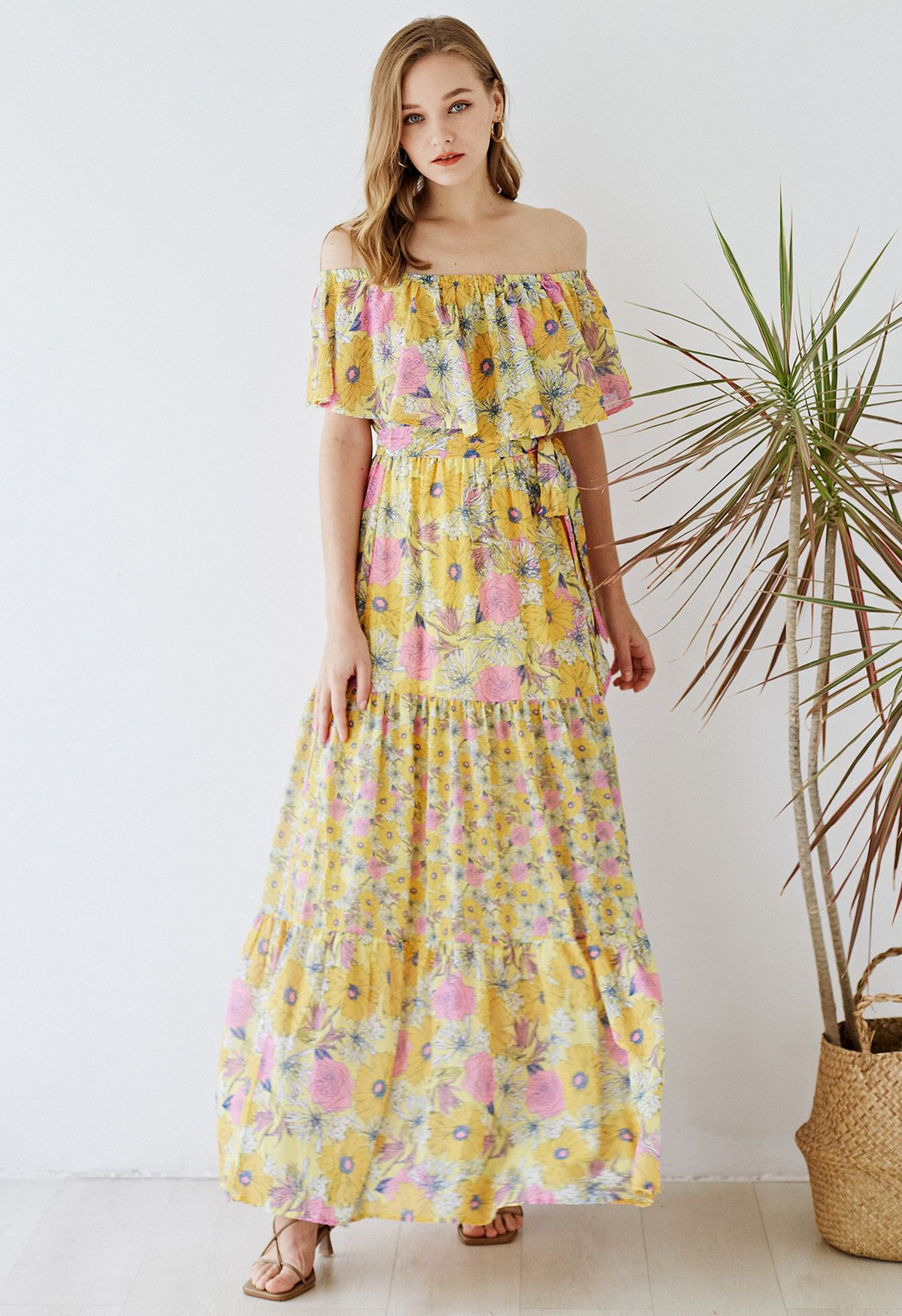 Flower Field Ruffled Overlay Off-Shoulder Maxi Dress | Chicwish