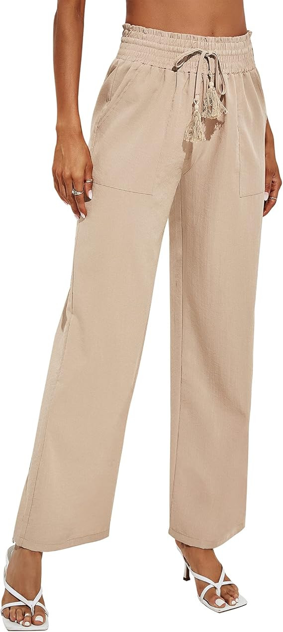 Rapbin Women's Cotton Linen Pants Drawstring Elastic Waist Side Pockets high Rise Casual Loose Tr... | Amazon (US)