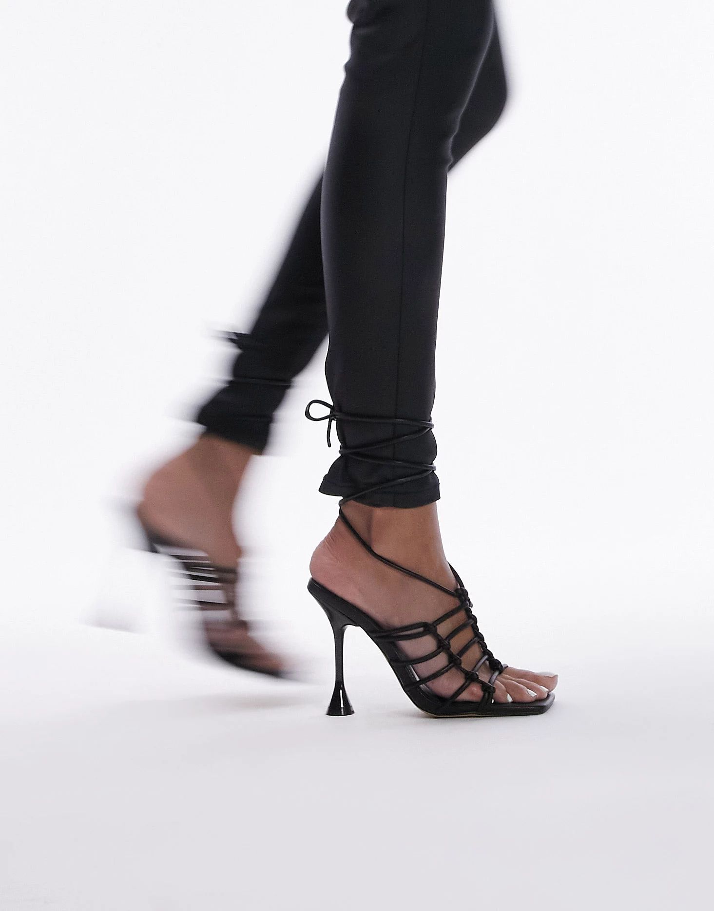 Topshop Ella caged heeled sandal with ankle tie in black | ASOS (Global)