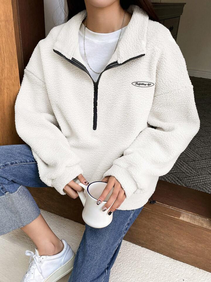 DAZY Teddy-sweatshirt met halve rits en verlaagde schouder met letterborduurwerk | SHEIN