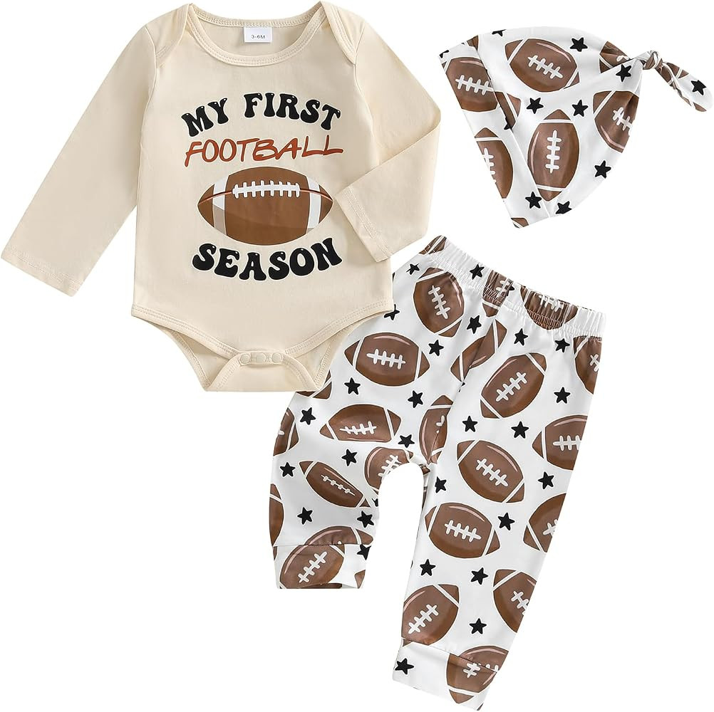 BemeyourBBs Newborn Baby Boy Football Outfit Game Day Long Sleeve Romper Pants Set with Beanie Ha... | Amazon (US)
