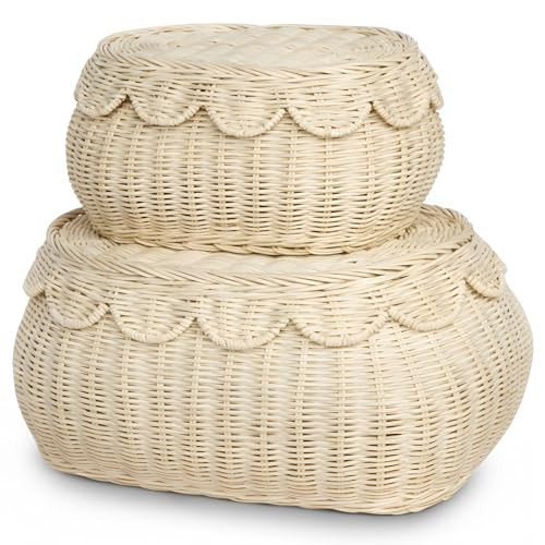 BEBE BASK The Original Scalloped Basket Set Of 2 – Small Scallop Basket - 15 x 11 x 6 In - Hand-Woven & Award-Winning - Elegant Wicker With Scalloped Edge Lid - Nursery Storage - (Natural) | Amazon (US)