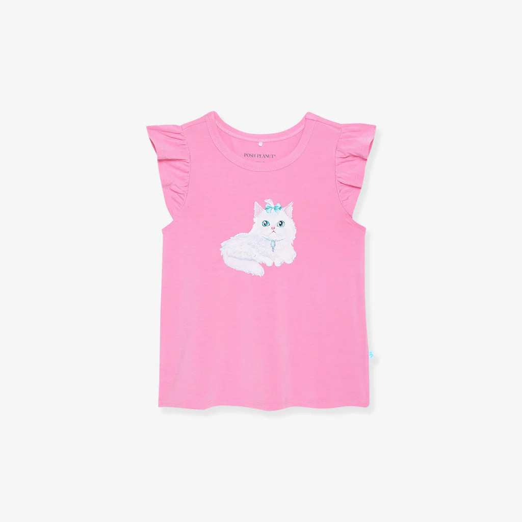 Graphic Pink Long Sleeve Dixie Cat Ruffled Tee | Posh Peanut® | Posh Peanut