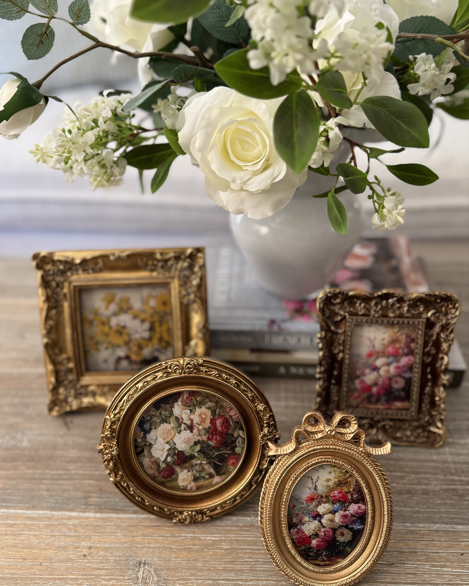 Mini vintage style gold frames. Set of 4. They come with these pretty floral photos inside, but can be swapped out for your own photos. 

Gold frames are designed to either be hung or to sit on a table. 

Gold frames, vintage frame, vintage gold frame, mini frames, 

#LTKHome