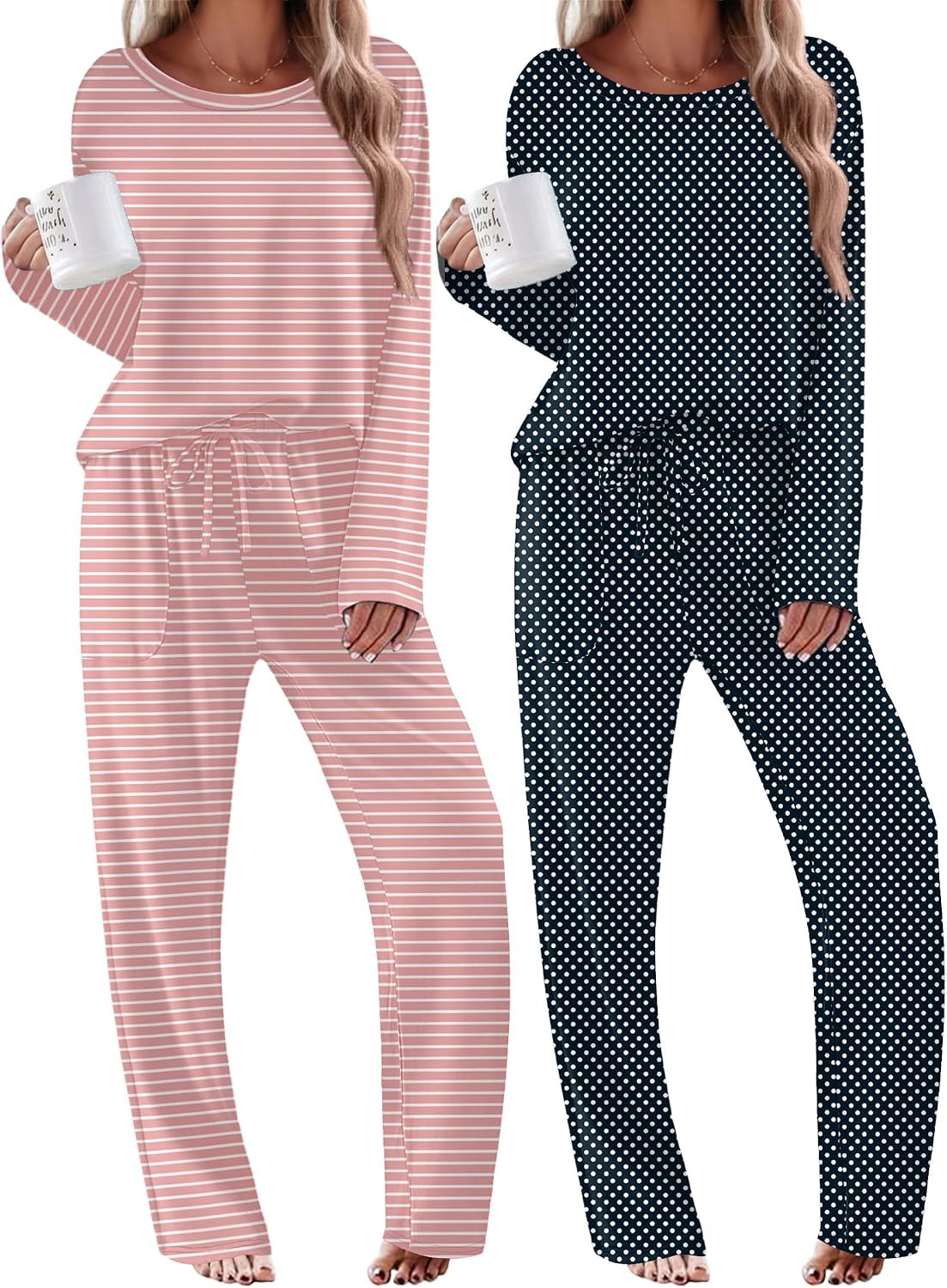 Ekouaer 2 Pack Womens Pajama Sets Long Sleeve Long Pants Pjs Loungewear | Amazon (US)
