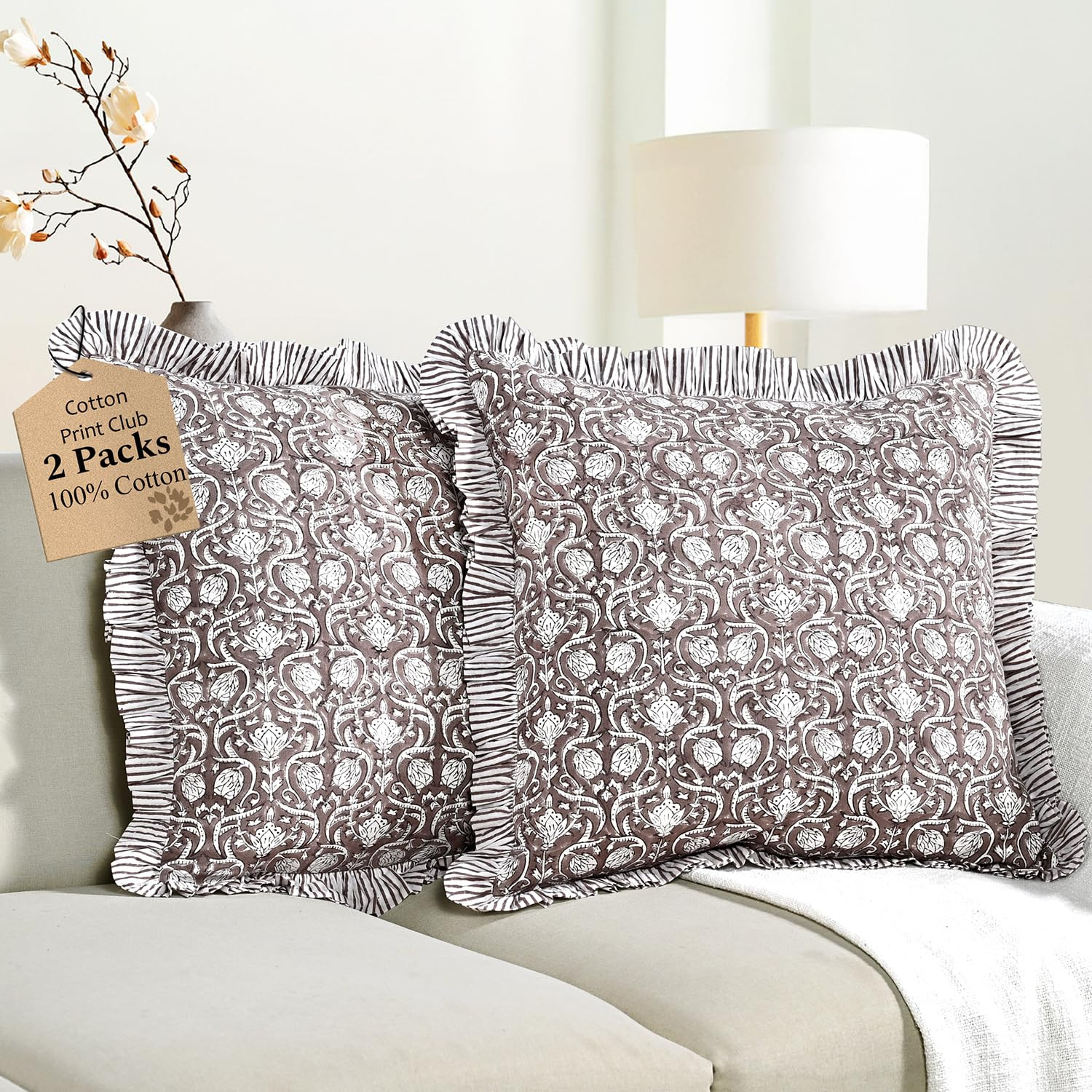 CPC Mocha Regal Hand Block Print 100% Cotton Ruffle Throw Pillow Cover 20x20 inch with Hidden Zip... | Amazon (US)