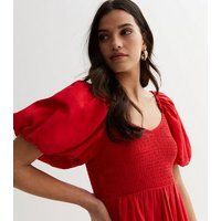 Red Shirred Sweetheart Puff Sleeve Midi Dress New Look | New Look (UK)