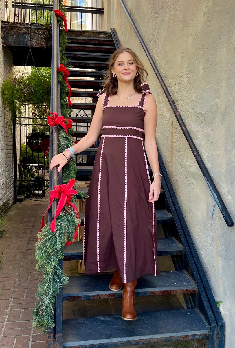 Sabrina Dress Brown with Pink Whipstitch | Madison Mathews