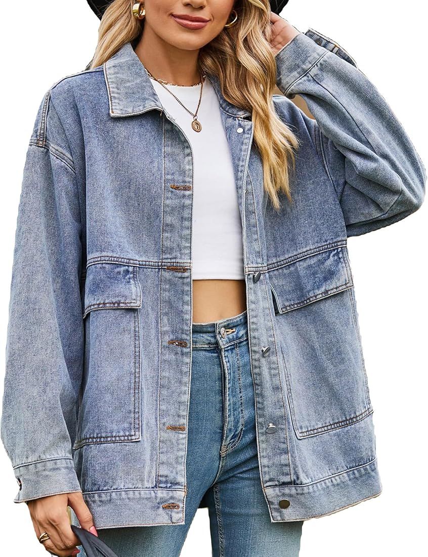 PAODIKUAI Women's Oversized Denim Jacket Casual Long Sleeve Vintage Jean Jacket Top Coat with Pockets | Amazon (US)