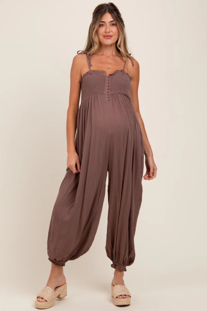 Mocha Smocked Button Front Shoulder Tie Maternity Jumpsuit | PinkBlush Maternity