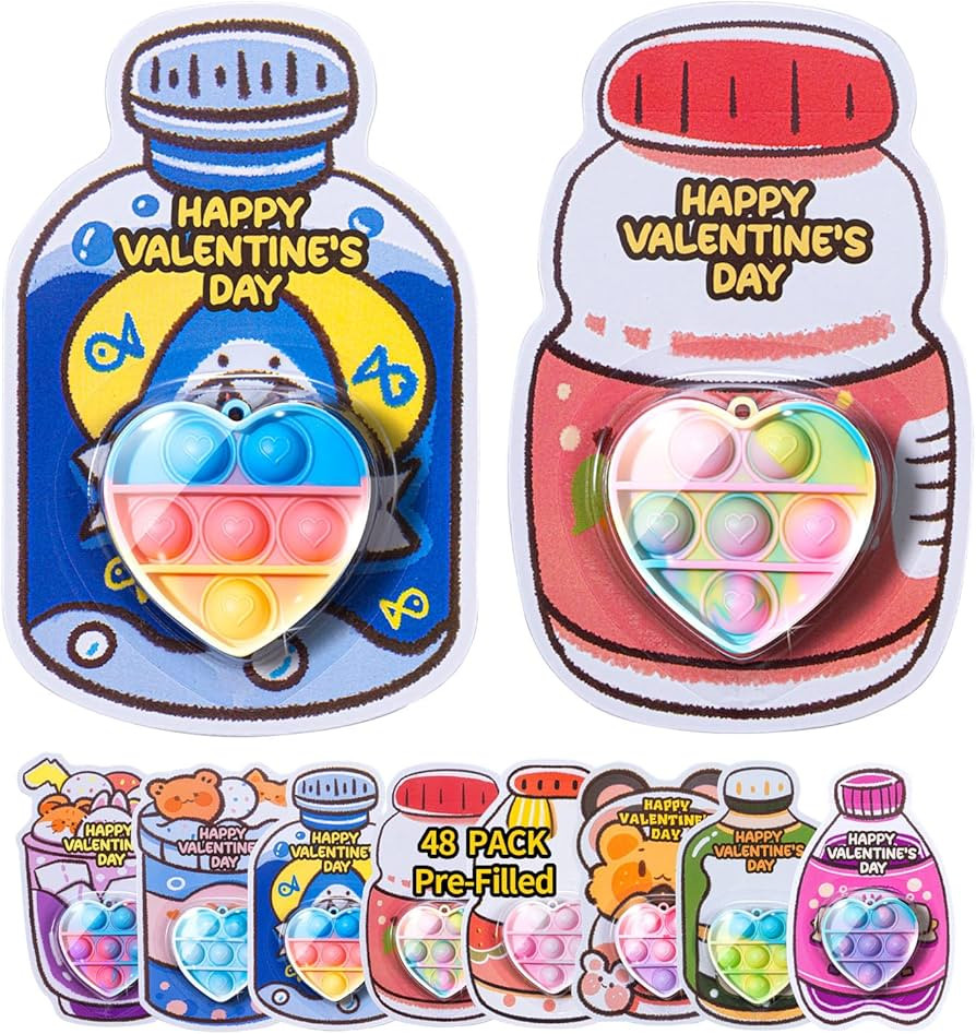 Valentines Day Gifts for Kids - 48 Pack Prefilled Heart Pop Fidget Valentines Cards for Kids Clas... | Amazon (US)