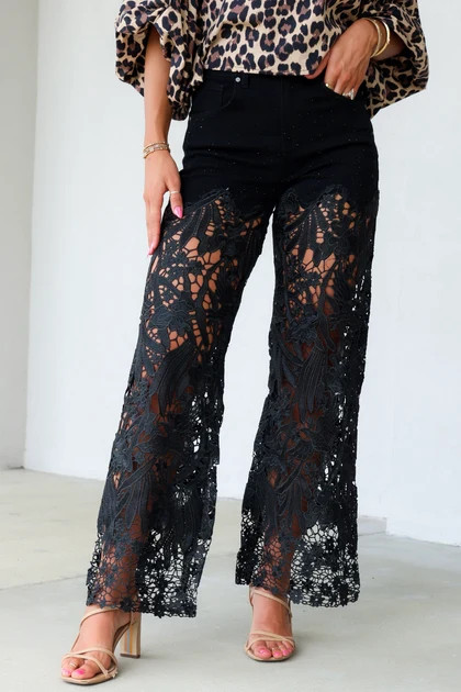 Lesley Black High Rise Lace Wide Leg Jean | The Willow Tree