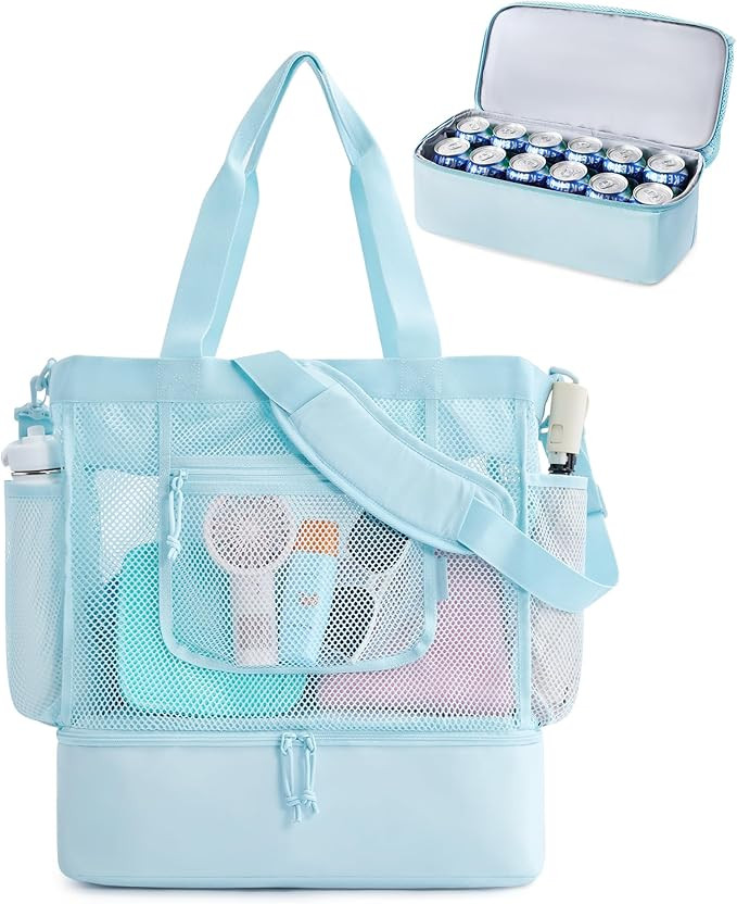 BAGSMART Beach Bag for Women, Mesh Tote Bags with Zipper, Sandproof Vacation Essentials with Cool... | Amazon (US)