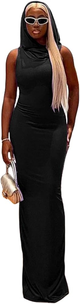 Women's Sexy Sleeveless Hoodie Maxi Dress Back Split Hooded Bodycon Long Dress Party Club Outfit | Amazon (US)