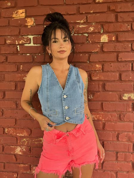 Light wash denim vest with a cropped fit! So cute for spring & summer! Paired with neon coral fold over shorts! LORI20 to save 

#LTKSeasonal #LTKFestival #LTKstyletip