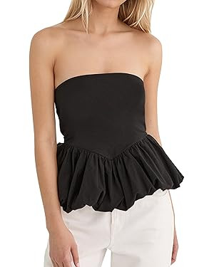 Women Bubble Hem Tube Bandeau Top Strapless Off Shoulder Flowy Peplum Tank Sleeveless Shirt Going... | Amazon (US)