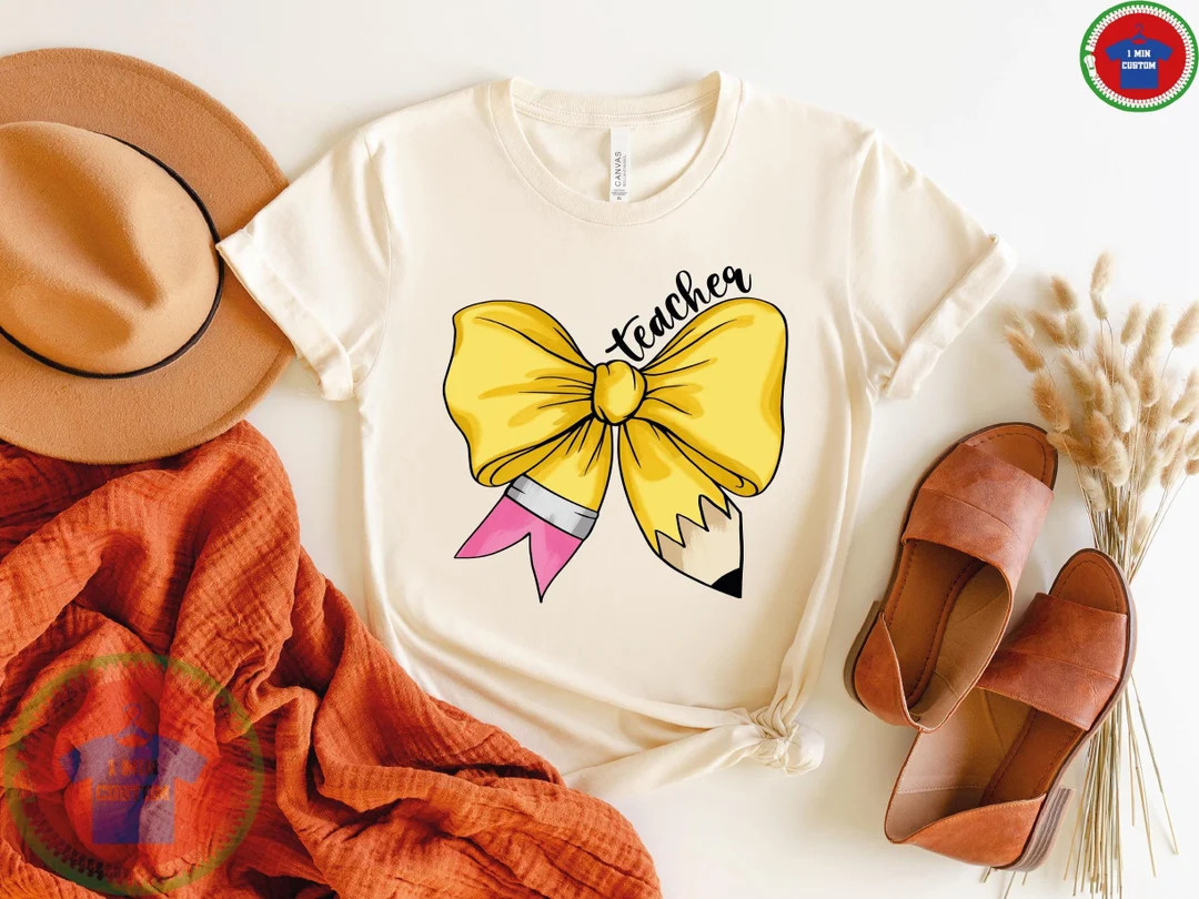 Personalized Teacher Name Shirt, Teacher Pencil Coquette Bow Shirt, Coquette Pencil Bow Tee, Tren... | Etsy (US)