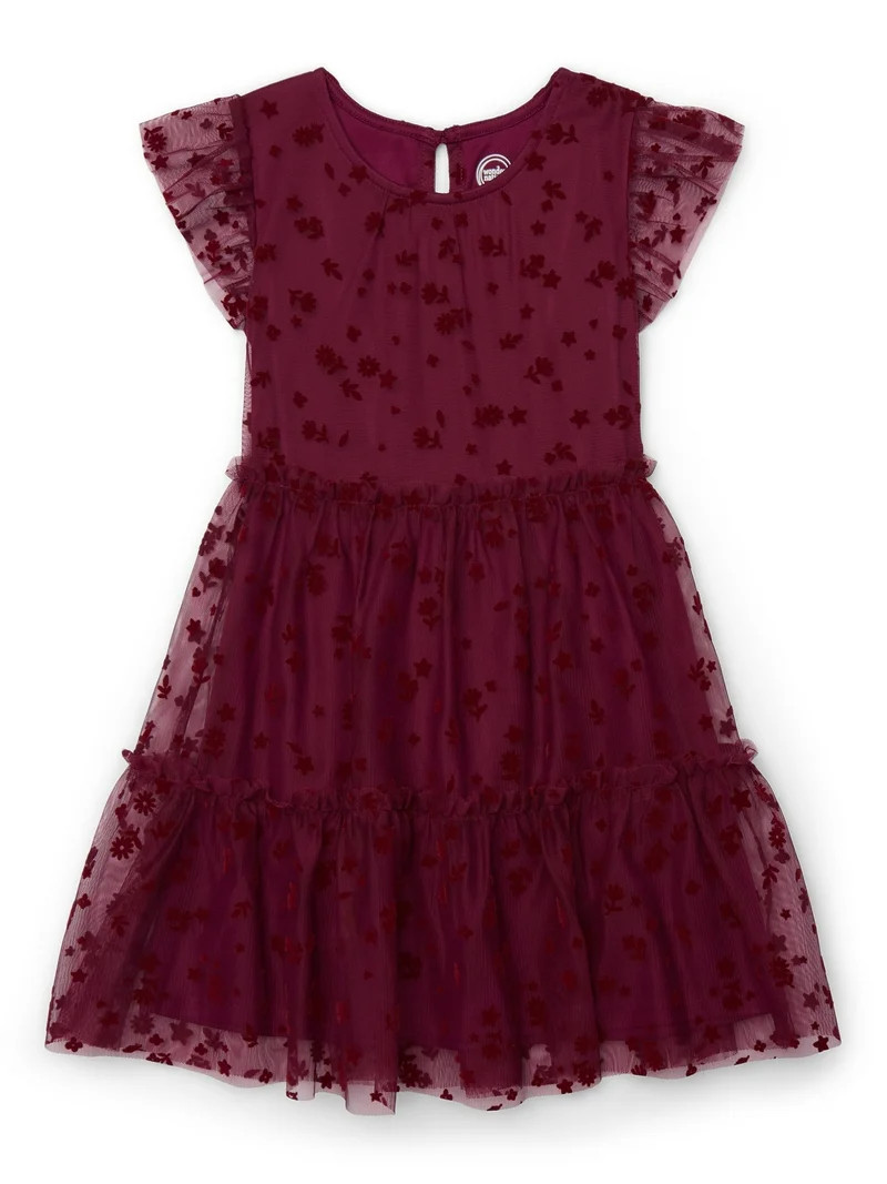 Wonder Nation Girls Tulle Floral Print Dress with Flutter Sleeves, Sizes 4-18 & Plus | Walmart (US)