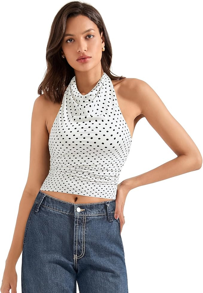 SUUKSESS Women Halter Backless Tank Tops Sexy Cowl Neck Summer Going Out Cami Tops | Amazon (US)