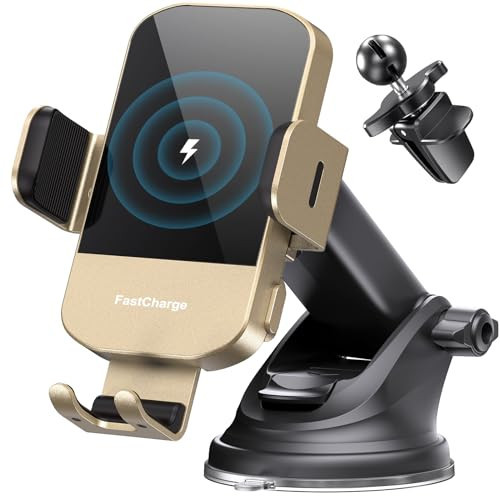 CHGeek Wireless Car Charger, 15W Fast Charging Auto Clamping Car Charger Phone Mount Phone Holder fit for iPhone 15 14 13 12 11 Pro Max Xs, Samsung Galaxy S25 Ultra S24 S23 S22, S21, S20, Golden | Amazon (US)